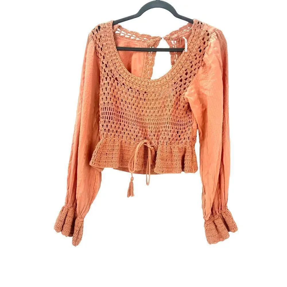 Free People Megan Crochet Knit Peplum Puff Sleeve Top Coral Sand Size Small NWOT